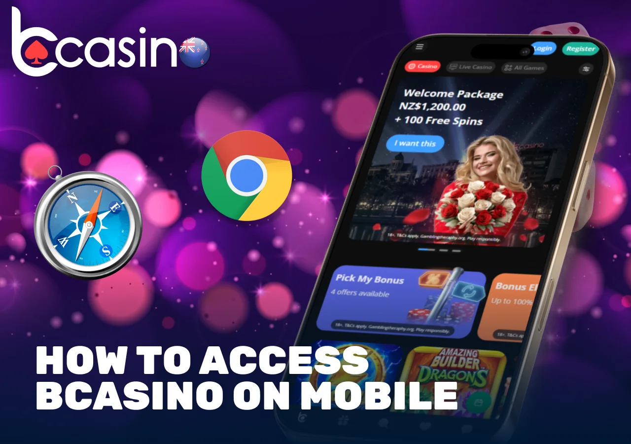 Accessing BCasino on mobile via browser icons and smartphone screen